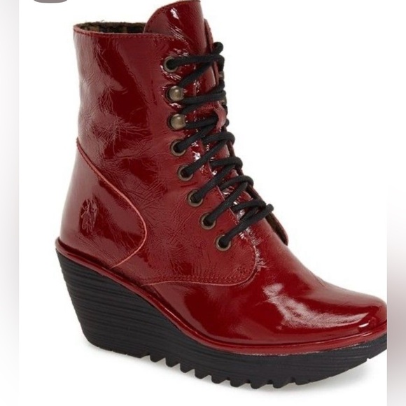 Fly London Shoes - Fly London “Ygot” Lace-Up Patent Leather Wedge Boots" Size 7.5 EUC